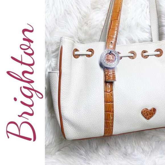 BRIGHTON White & Tan Pebbled Leather Satchel Shoulder Bag Croc Heart Detail - Picture 2 of 15